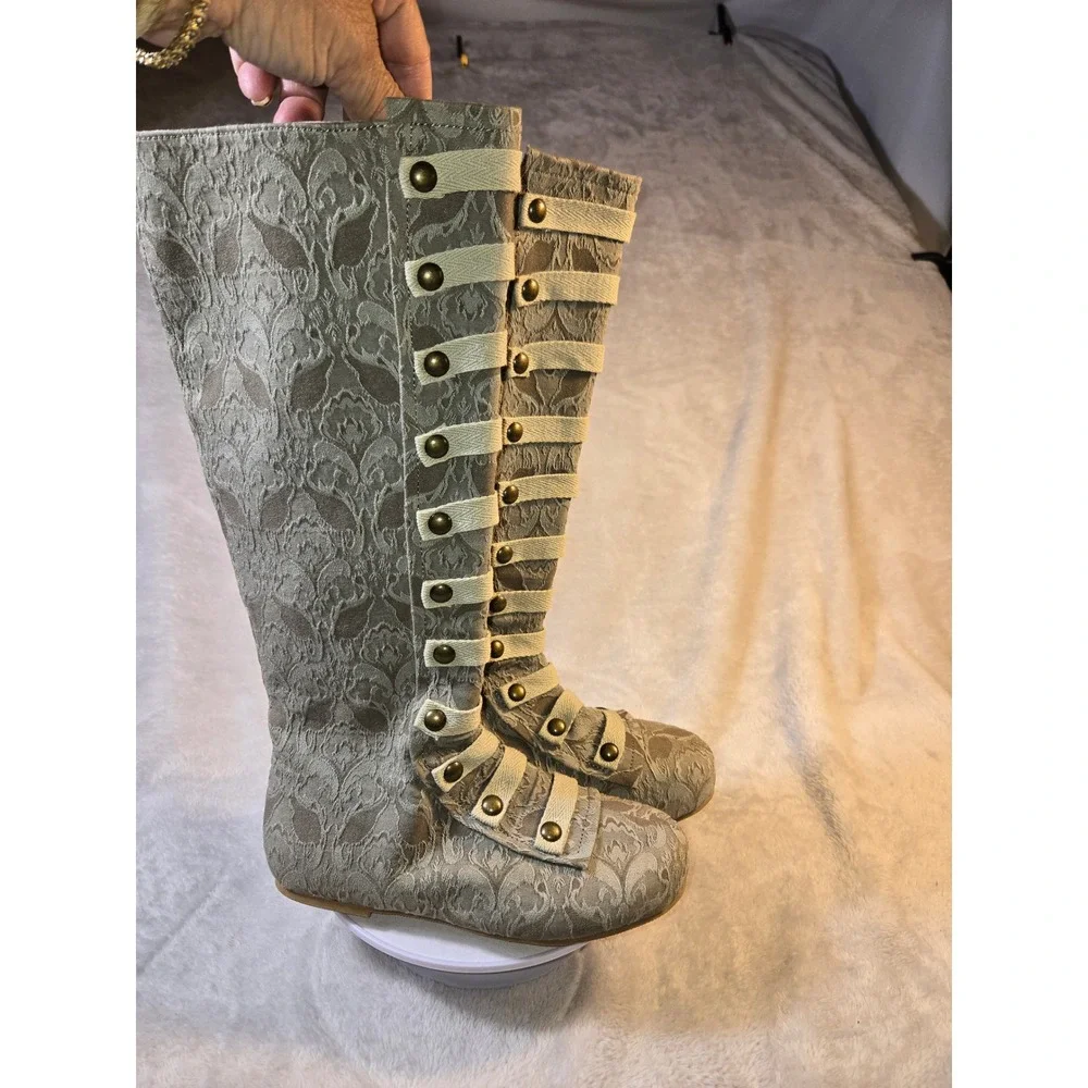 Joyfolie Leighton Dove Grey Damask Tall Boots Girls Youth 2 Brass Buttons